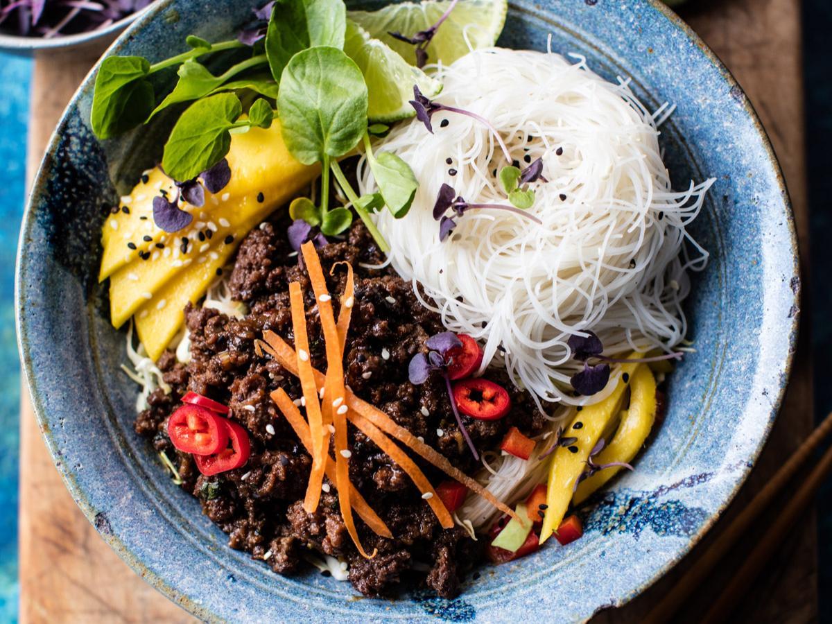 Asian Basil Beef and Mango Noodle Salad Healthy Recipe