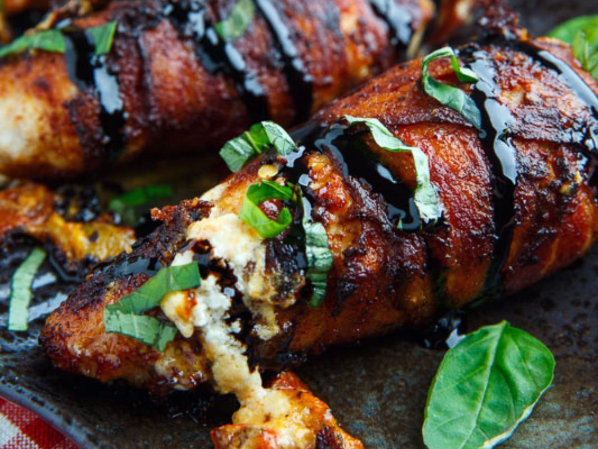 Bacon Wrapped Roasted Red Pepper and Goat Cheese Stuffed Chicken with Balsamic Drizzle and Basil Healthy Recipe