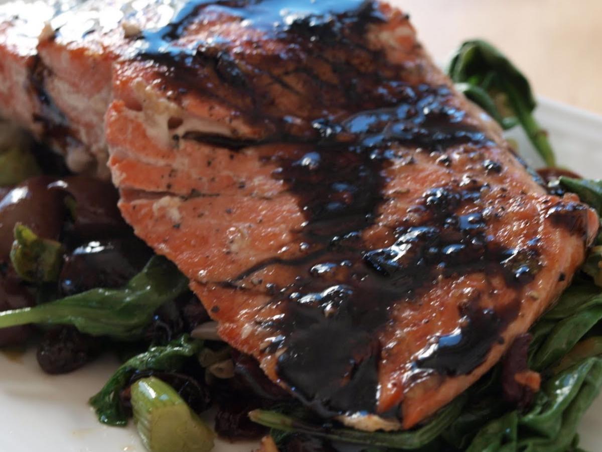 Balsamic-Glazed Salmon with Spinach, Olives, and Golden Raisins Healthy Recipe