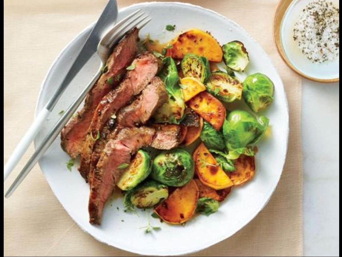 Broiled Steak with Brussels Sprouts and Sweet Potatoes Healthy Recipe