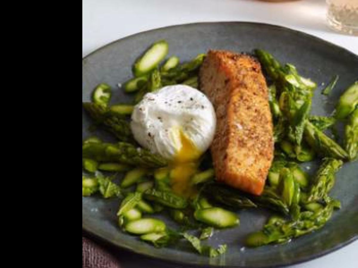 Coriander and Lemon Crusted Fish with Asparagus Salad & Poached Egg Healthy Recipe