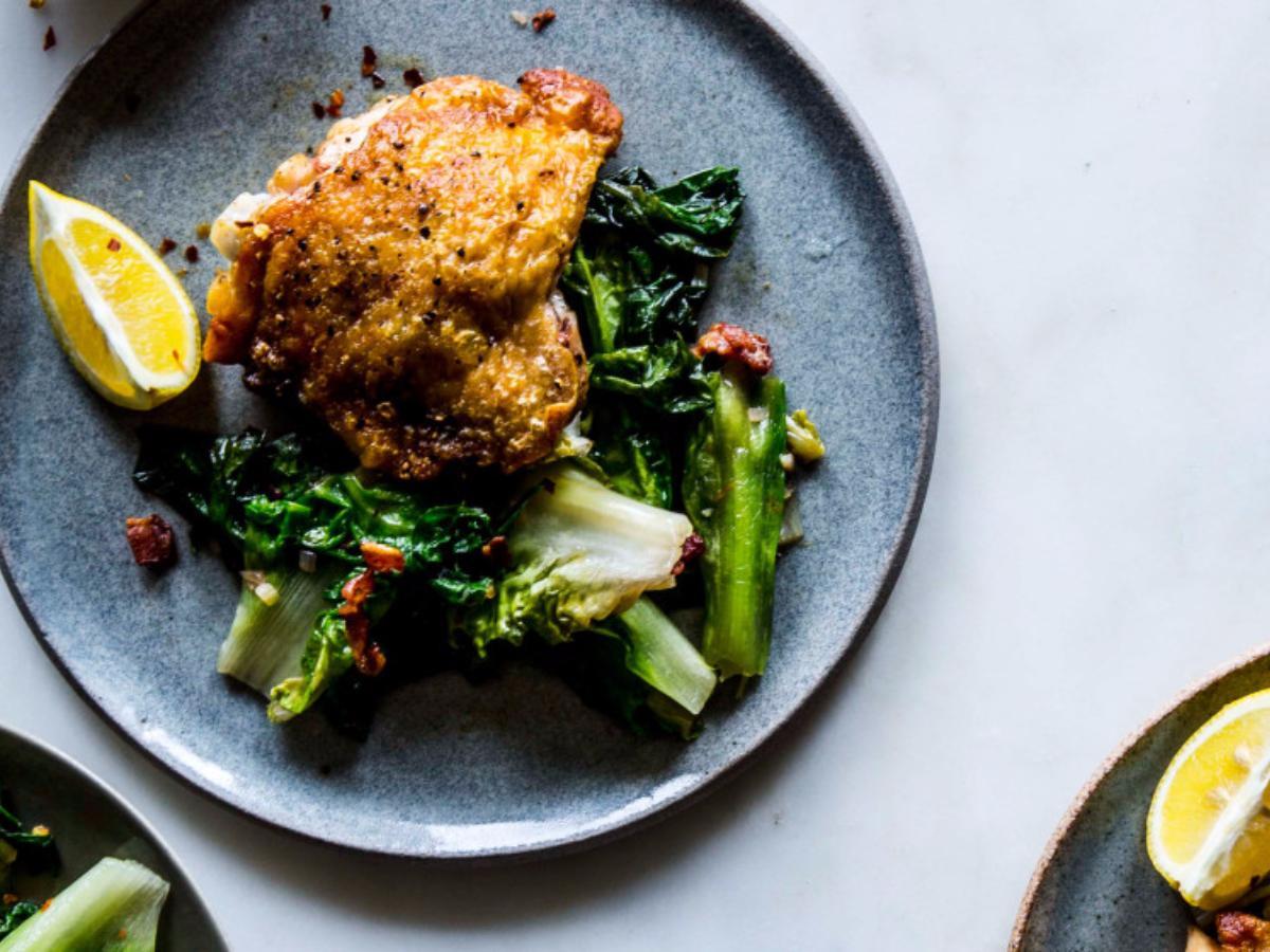 Crispy Chicken Thighs with Bacon and Wilted Escarole Healthy Recipe
