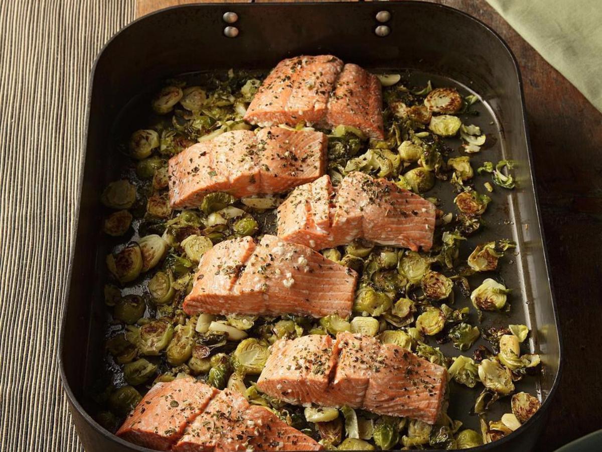 Garlic Roasted Salmon & Brussel Sprouts Healthy Recipe