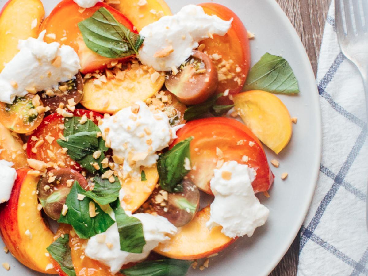 Peach, Heirloom Tomato, and Burrata Salad Healthy Recipe