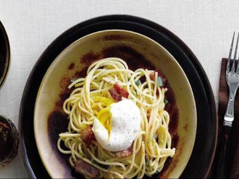 Peppery Pasta Carbonara with Poached Egg Healthy Recipe