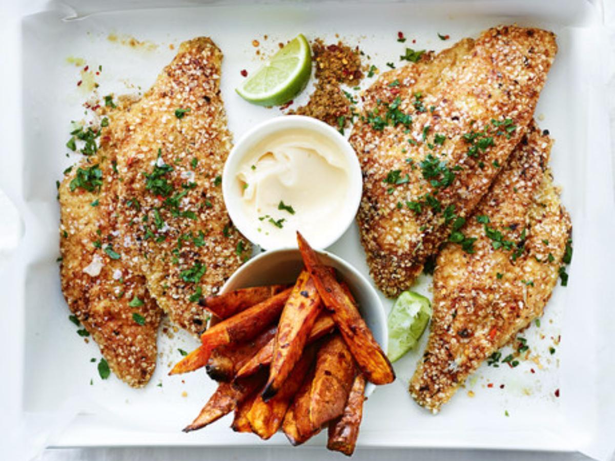 Quinoa, Lime, and Chili-Breaded Snapper with Sweet Potato Wedges Healthy Recipe