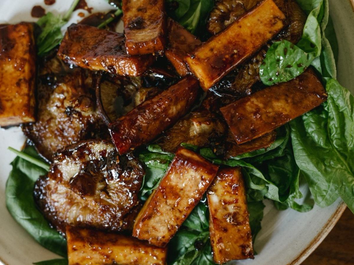 Roasted Tofu with Shiitake, Soy, and Ginger Over Baby Spinach Healthy Recipe