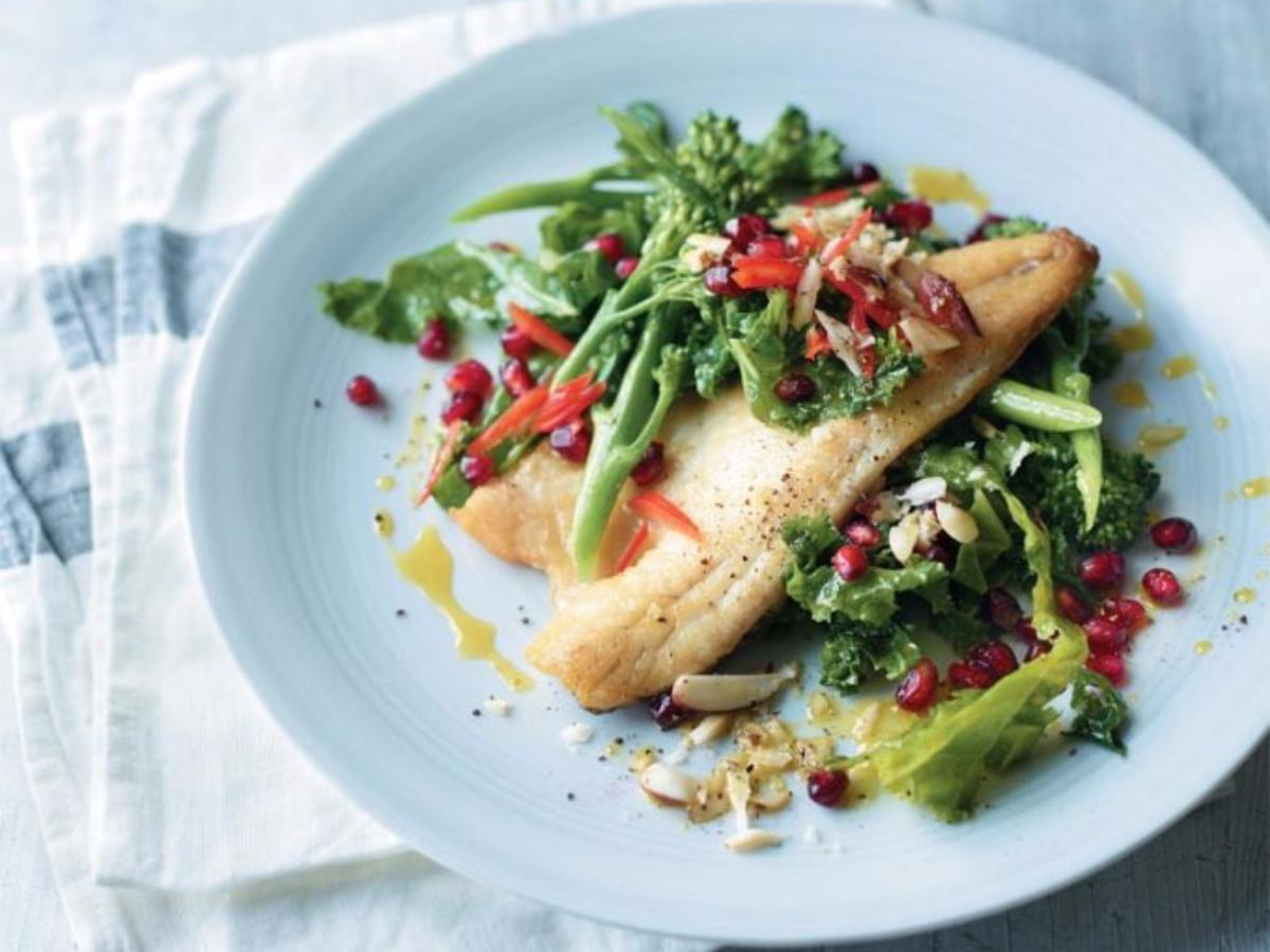 Sea Bass with Brazil Nuts, Kale, and Pomegranate  Healthy Recipe
