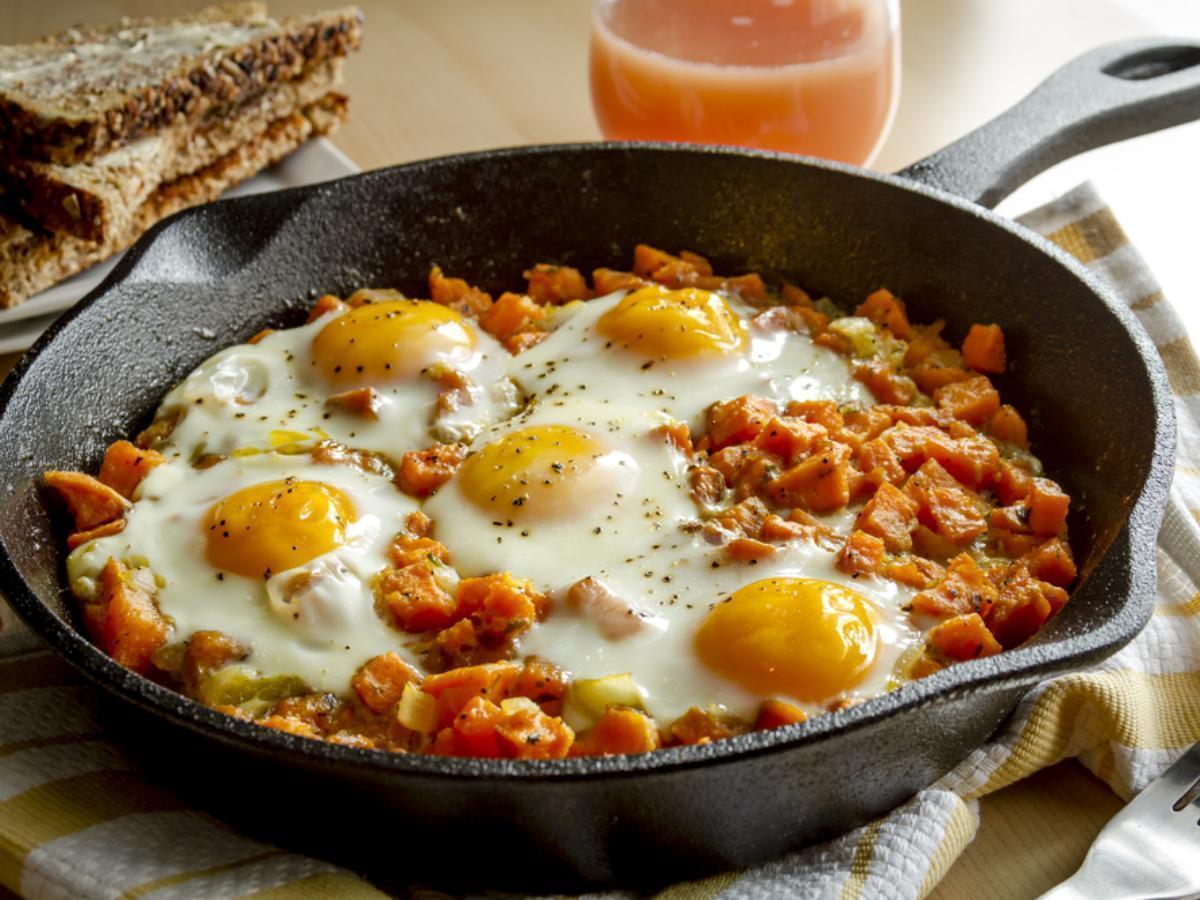 Spiced Sweet Potato and Goat Cheese Egg Skillet Healthy Recipe